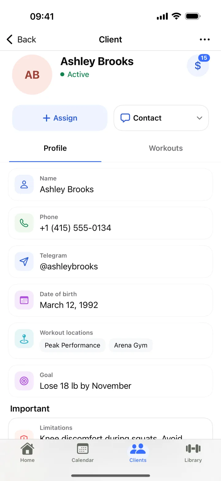 Client card: profile, goals, limitations and session balance